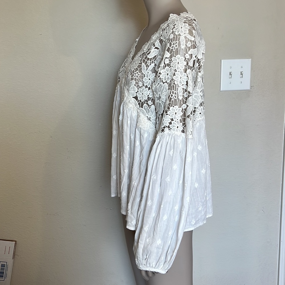 Free People Lina Lace Balloon Sleeve White embroidered lace Peasant Blouse Small - Picture 7 of 12